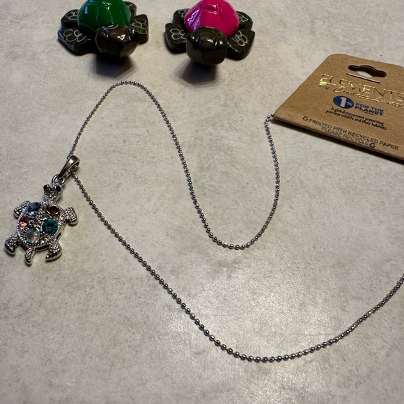 Silver Turtle Pendant Necklace with Multicolor Crystals - Picture 6 of 8